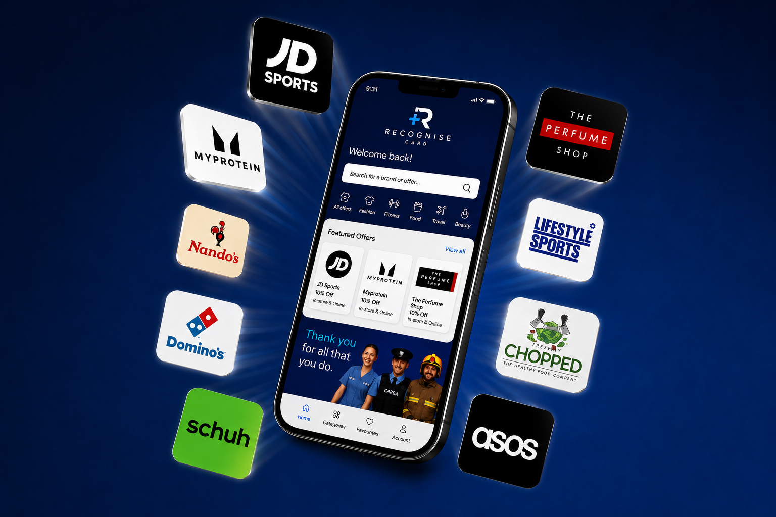 Recognise Card app showing brand discounts on a phone